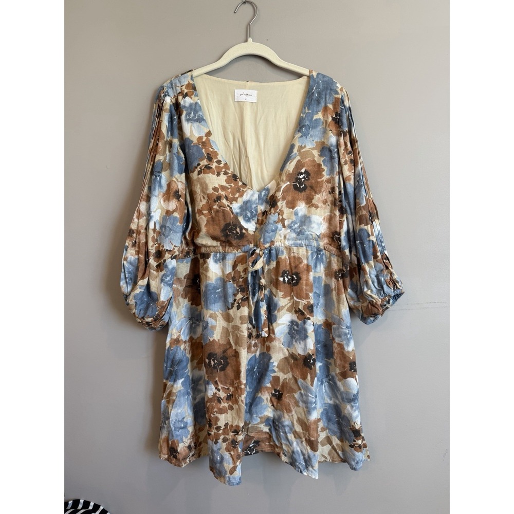 Girl And The Sun Blue Brown Floral Watercolor Tie Waist Linen Blend Dress Med
